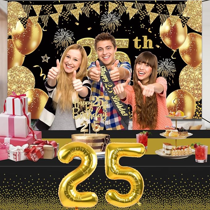 25th Birthday Decorations Men Women with 25th Birthday Banner, Black and Gold Table Cloth, Number Balloons, Large Sash, Cake Topper and Candles