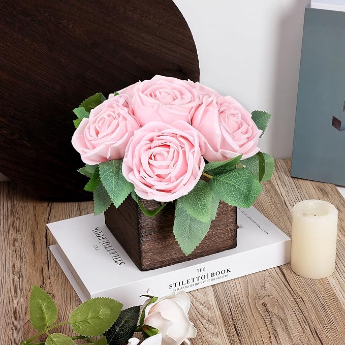 Dining Table Centerpiece Set of 6 - Pre-Made Aritifial Rose with Wooden Vase Fake Floral Arrangment Faux Flower for Wedding Bridal Tea Party Event Decorations - Pink