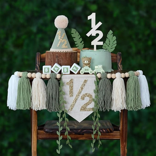1/2 Birthday High Chair Banner For Half Way To One Party Decorations Wood Bead Tassel Garland Green Hat Wooden Cake Topper Happy Half Year Party Photoshoot Props