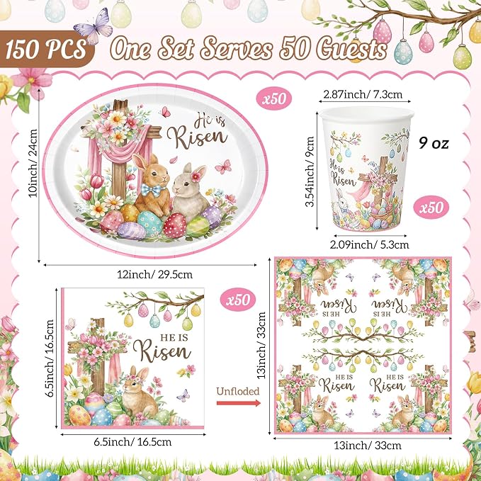 Vesici 150 Pcs He is Risen Oval Paper Plates and Napkins Christian Easter Tableware Set 10'' x 12'' Large Disposable Heavy Duty Religious Easter Plates Cross Paper Cups Napkin for Jesus Party Supplies
