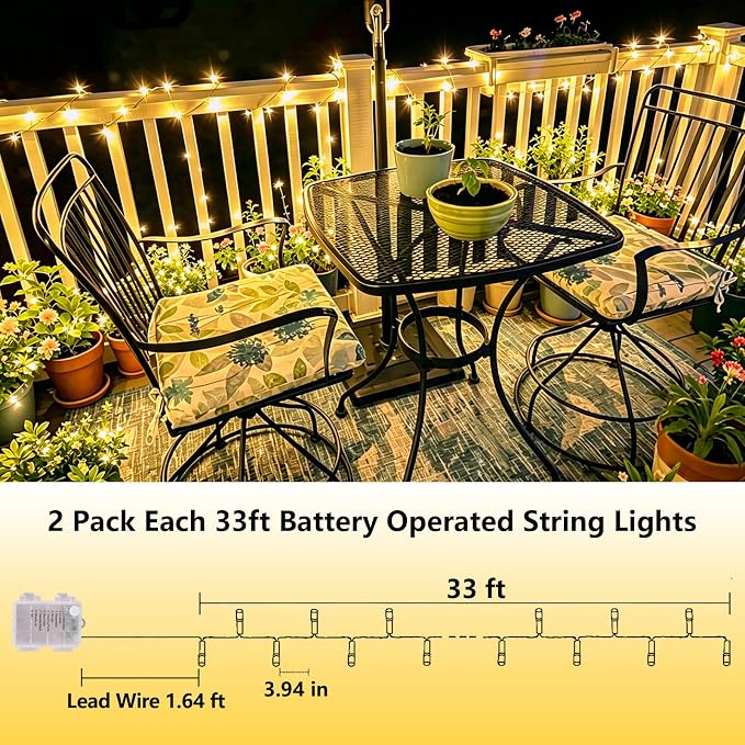 YEGUO Battery Operated String Lights Indoor, 2 Pack Each 33ft 100 LED Twinkle Fairy Lights for Bedroom Classroom Dorm with Remote, 8 Modes Clear Wire Warm White Christmas Lights Outdoor Waterproof