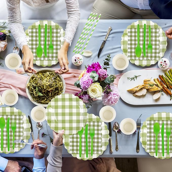 400PCS Sage Green Gingham Party Supplies, Scalloped Disposable Tableware Set Includes Paper Plates Napkins Cups Straws Forks Knives Spoons for Baby Shower Birthday Wedding Decorations, Serve 50