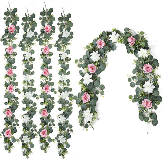 4 Pack Wedding Garland Set, Pink Rose & White Dahlia Hanging Flower Vines for Wedding Arch, Backdrop, Mantel, Home Decor (5.91ft)