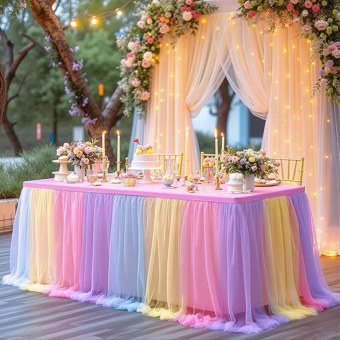 4 Pack Rainbow Tablecloths with Tulle Table Skirt for 6 Foot Rectangle Tables, Party Ruffle Tutu Table Skirt Stretch Fitted Covers for Wedding Reception Birthday Baby Shower Celebration Banquet Event