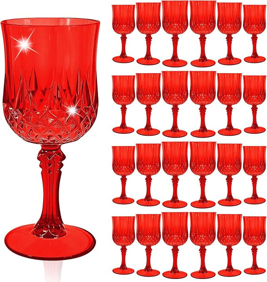 24 Pcs Red Plastic Wine Glasses, Plastic Goblets for Parties, Vintage Wine Glasses Bulk, Reusable Drinking Glass, Drinkware Cups for Wedding Party Reception Event Supplies