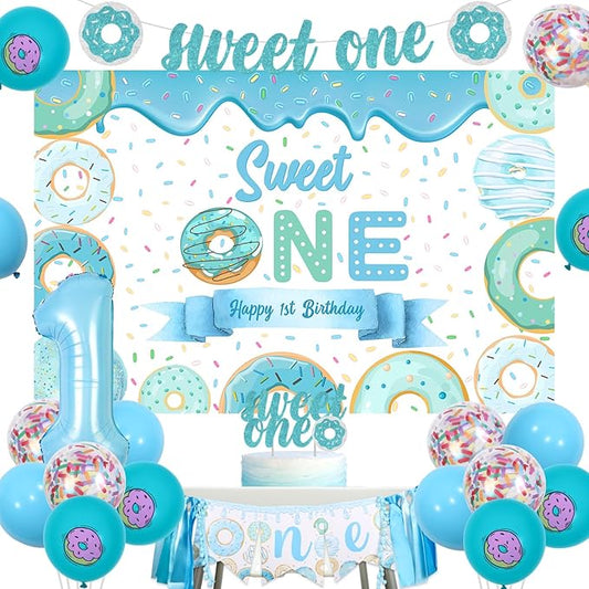 Sweet One Birthday Party Decorations - Blue Doughnut Backdrop Banner, Cake Topper, Highchair Banner, Donut Balloons for 1st Birthday Party Decorations for Boy