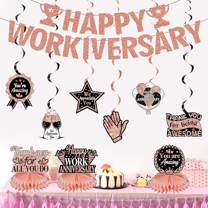 Zirtorei Happy Workiversary Decorations for Women Employee, 11pcs Rose Gold Work Anniversary Banner Party Supplies, Workiversary Honeycomb Centerpieces Hanging Swirls Business Gift for Office