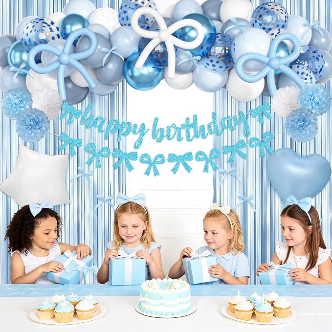 Light Blue Bow Birthday Party Decorations, Coquette Bow Blue and White Confetti Long Balloons Happy Birthday Banner Fringe Curtain Tassel Pompoms For Women Girls Theme Baby Shower Party Decorations