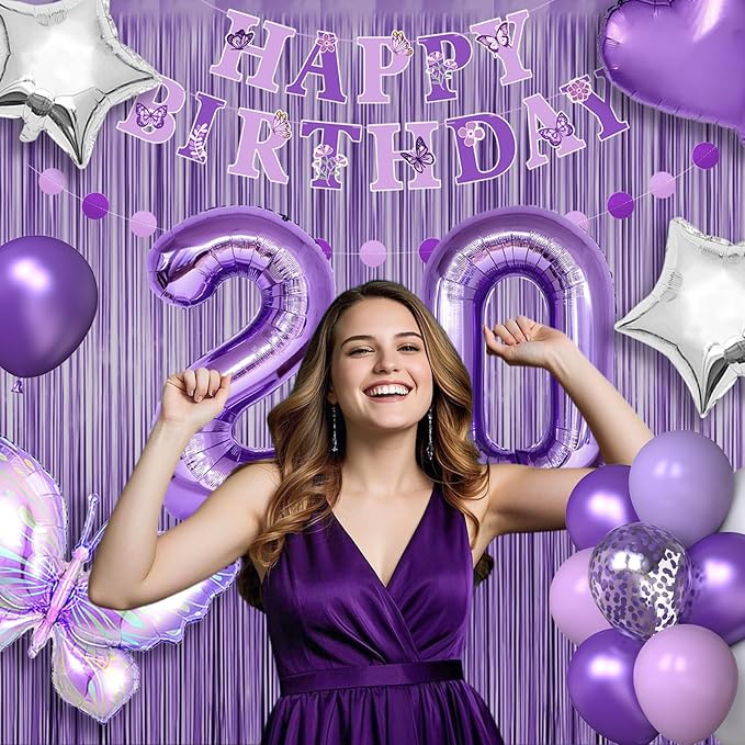 20th Purple Birthday Decorations for Women, NANINUNENO Purple Pink 20th Birthday Decorations Butterfly Theme Lavender Party Decor Set with Number Balloons, Banner, Sash, Butterfly Stickers