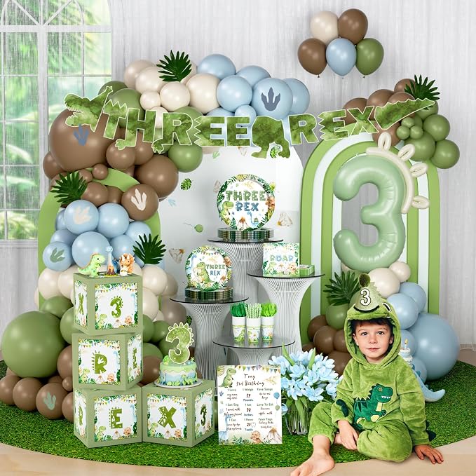 Costova Three Rex Birthday Decorations Boy, Dinosaur 3rd Birthday Party Supplies Kit with Tableware Set, Plates, Napkins, Cups, Backdrop, Boxes, Tablecloth for Boys 3 Year Old Jungle Safari