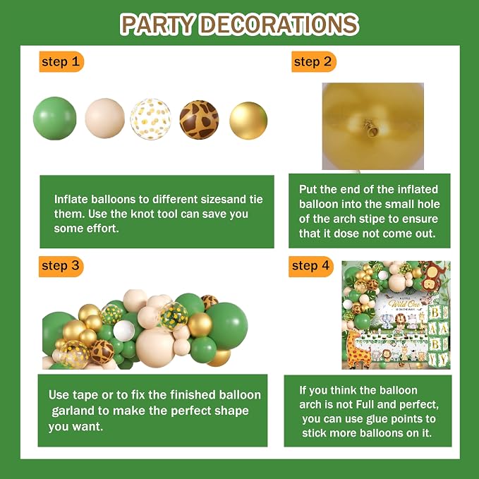 Safari Baby Shower Decorations Boy - Jungle Theme Party Supplies Include Balloon Garland Arch, Wild One Backdrop, Tablecloth, 4 Printed Boxes, Monkey Giraffe Foil Balloons - Sage Green