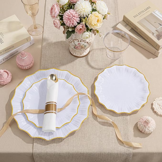 U-QE 175PCS Gold Plastic Plates - Disposable Dinnerware Set for 50 Guests - White and Gold Plates and Napkins Party Supplies include 50 Plates, 25 Per Rolled Napkins with Gold Cutlery, 25 Cups