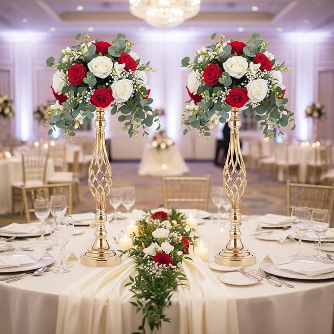 Gold Wedding Vases for Table Centerpieces - 2pcs of Twist Candleholder Stands, Elegant Floral Arrangement Vases, Metal Centerpieces for Reception Table Wedding Road-Leading Home Decor