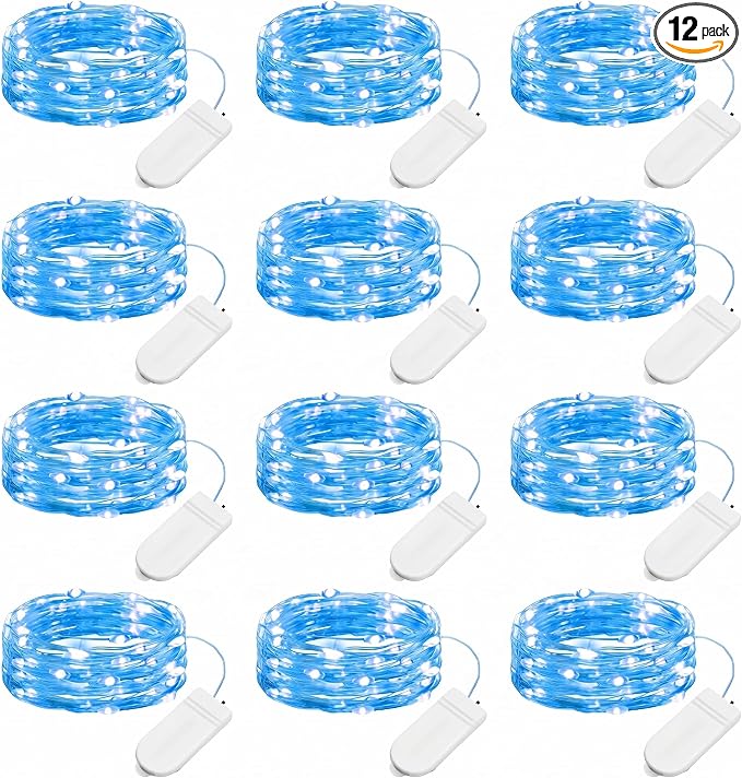 Brightown 12 Pack Led Fairy Lights Battery Operated String Lights Waterproof Silver Wire 7 Feet 20 Led Firefly Starry Moon Lights for DIY Wedding Party Bedroom Patio Christmas (12 Pack, Blue)