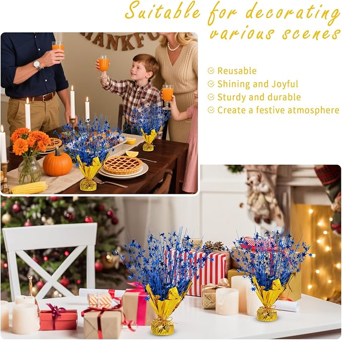 8 Pack Metallic Star Spray Centerpieces for Tables - Bulk 12.4" Foil Fountain Table Decorations for Large Events, Graduation 2026, Wedding Reception (Glod Blue)
