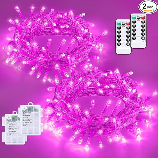 YEGUO Battery Operated String Lights, 2 Pack Each 33ft 100 LED Twinkle Fairy Lights Outdoor Waterproof, 8 Modes Clear Wire Pink Christmas Lights Indoor with Remote