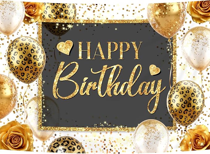 Happy Birthday Backdrop 7Wx5H Feet Polyester Fabric Gold Leopard Balloon Love Heart Rose Elegant Flower Confetti Decoration Girly Gold Glitter Photography Background Photo Shoot Props