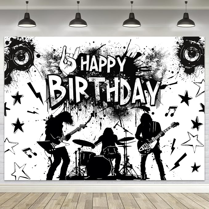 Rock and Roll Backdrop Music Themed Guitar Drum Silhouette Musical Notes Symbols Themed Birthday Party Photography Background Decoration Modern Cool Fabric Photo Shoot Studio Props