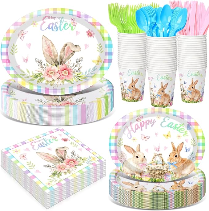 Pajean 350 Pcs Easter Plates Set Bunny Birthday Decorations with 12 Inch Disposable Pastel Easter Oval Plates and Napkins Eggs Heavy Duty Dinnerware for 50 Guests Picnic Spring Party Supplies