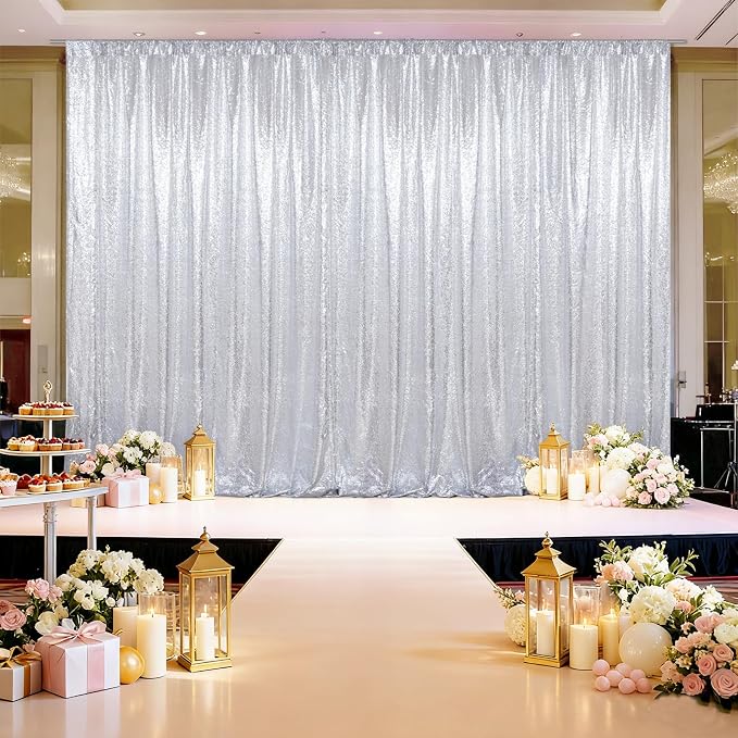SquarePie 20x10ft Silver Sequin Backdrop for Photography, Satin-Backed Real Sequin Curtain, Enhanced Coverage Shimmering Background with 4" Rod Pocket for Wedding, Birthday, Party Decor, 1 Panel