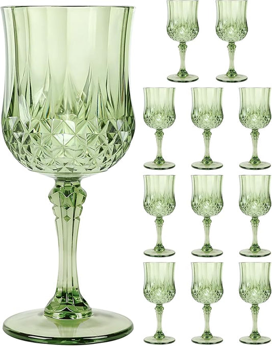 Plastic Wine Glasses Set, 7oz Vintage Goblets Shatterproof Unbreakable Reusable & Disposable, Drinking Glasses with Stem, for Wedding Outdoor Dinner Easter Party (12pcs, Green)