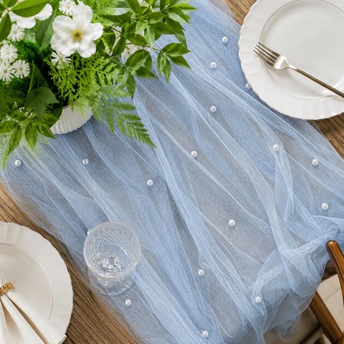 Pearl Blue Gauze Pearl Table Runner 120 Inch 10FT, Seasonal Sheer Dining Holiday Wedding Birthday Baby Shower Tulle Summer Table Decor for Home Party