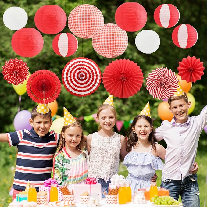 16 Pcs Picnic Party Decorations Kit, Hanging Red and White Checkered Paper Lanterns Paper Fans for Summer Barbecue Birthdays Holidays Picnic Party Supplies