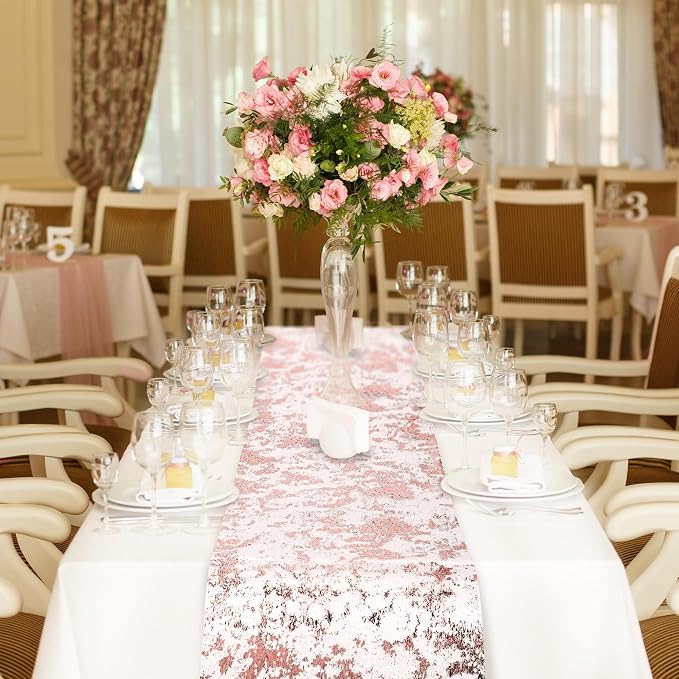 Aneco 12 Pieces Metallic Glitter Table Runner 84 x 11 Inches Rose Gold Glitter Mesh Table Runners Sparkle Rectangle Runner Roll Decorations for Wedding Baby Shower Birthday, DIY Home Decor