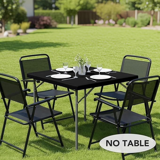 LUSHVIDA Waterproof Plastic Picnic Table Cover for Small Square Vinyl Card Tablecloth with Flannel Backing 24x24 inch - Folding Table Cloth with Elastic Corners, Black