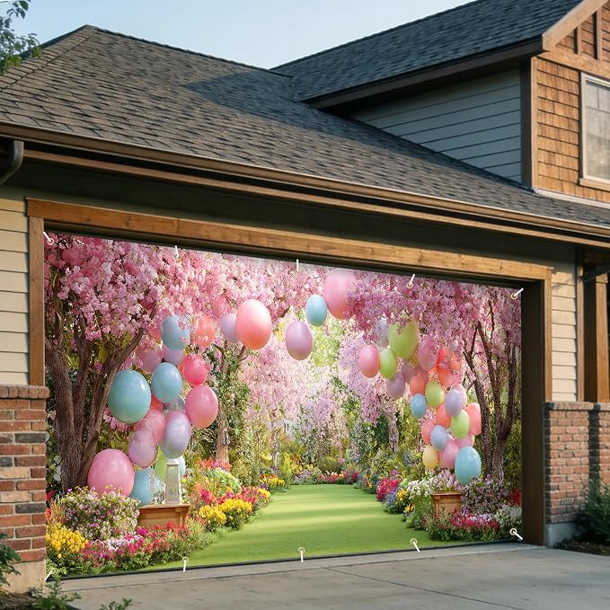 Cherry Blossom Garden Garage Door Banner Cover 7x16FT Waterproof –Pastel Balloon Arch & Floral Path Backdrop,Indoor Outdoor Decor for Spring Easter,Wedding,Baby Shower, Bridal Shower & Photo Booth
