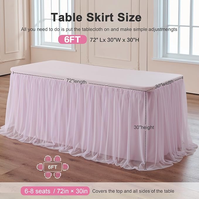 familus 6ft Pink Spandex Fitted Tablecloth with Tulle Table Skirt - 2-in-1 Structured Tutu Table Cover for Weddings, Trade Shows, Banquets & Sweetheart Tables