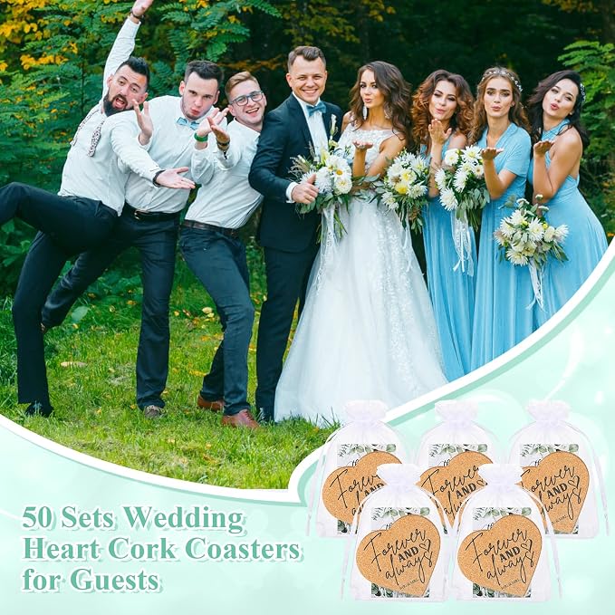 Uiifan 50 Sets Wedding Favors for Guest Heart Shaped Cork Coasters Sets Wedding Gifts Bulk Thank You Cards and Organza Bags Bridal Shower Favors for Souvenirs Engagement Party