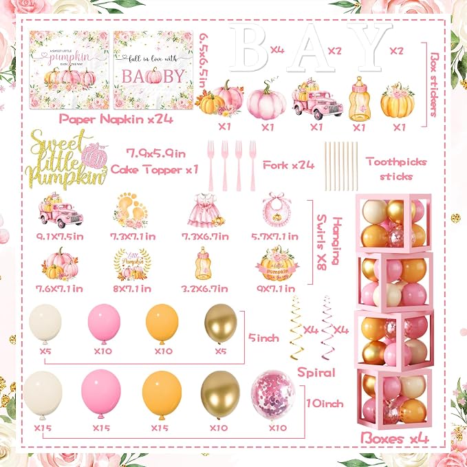 249pcs Little Pumpkin Baby Shower Decorations for Girl,A Sweet Little Pumpkin is On the Way Baby Shower,Pink Pumpkin Floral Balloons Plates Boxes Tablecloth for Fall Thanksgiving Autumn Party Decor