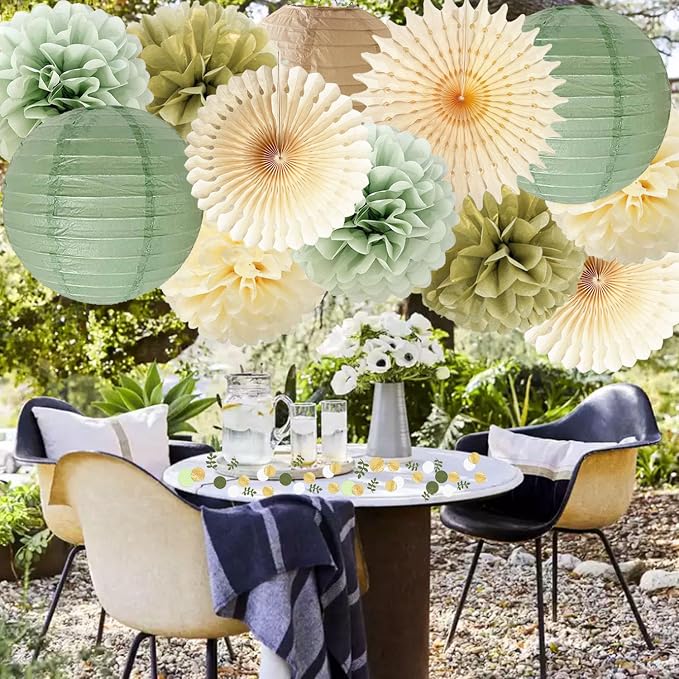 Sage Green Party Decorations Sage Gold Cream Tissue Paper Pom Poms Paper Lanterns Sage Green Confetti Dots Scatter Table Decoration for Baby Shower Birthday Wedding Engagement Party Decorations