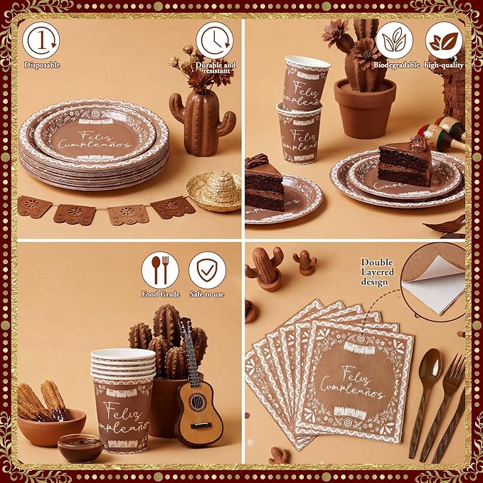 168 Pcs Mexican Birthday Tableware Set for 24 Cielito Lindo Birthday Party Plates and Napkins Brown Talavera Floral Party Supplies Papel Picado Paper Plates Cinco De Mayo Supplies