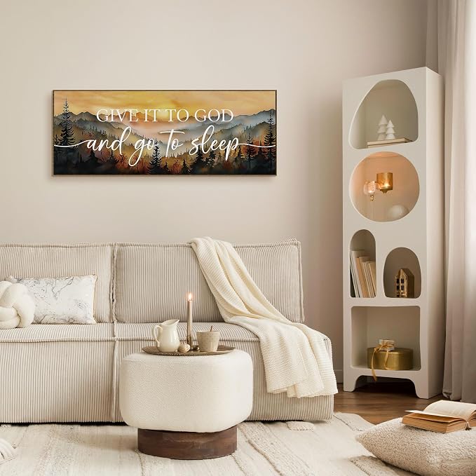 TLESKE Give It to God and Go to Sleep Sign Large Wall Art Decor 15x40 | Fall Mountain Landscape Canvas Wall Art Framed Print for Bedroom Living Room, Forest Sunset Wall Artwork Picture