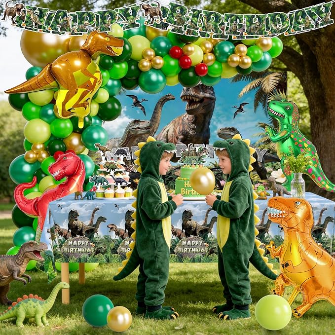 Dinosaur Birthday Party Decorations for Boys, Dino World Birthday Decorations Include Dinosaur Balloons, Banner, Backdrop, Cake Topper, Stickers for Kids, Tablecloth for Dinosaur Themed Party upplies