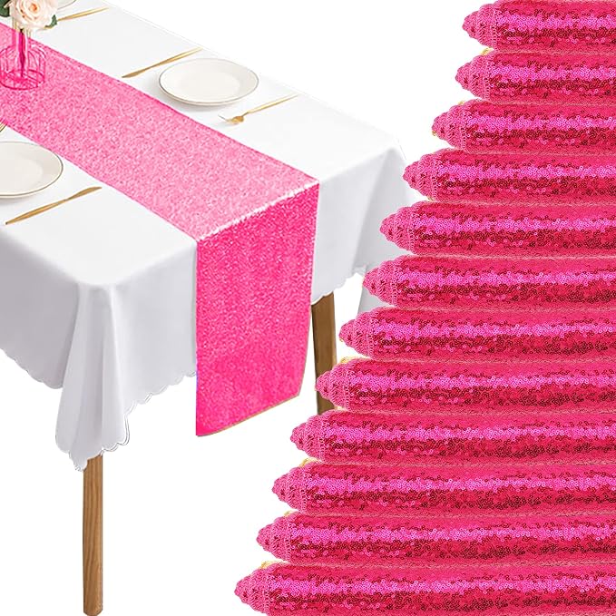 12 Packs 12 X 72 Inch Hot Pink Sequin Table Runner Glitter Dining Table Runner for Birthday Wedding Engagement Bridal Baby Shower Bachelorette Holiday Celebration Party Supplies Decorations (Hot Pink)