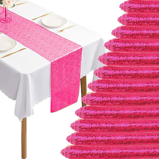 12 Packs 12 X 72 Inch Hot Pink Sequin Table Runner Glitter Dining Table Runner for Birthday Wedding Engagement Bridal Baby Shower Bachelorette Holiday Celebration Party Supplies Decorations (Hot Pink)
