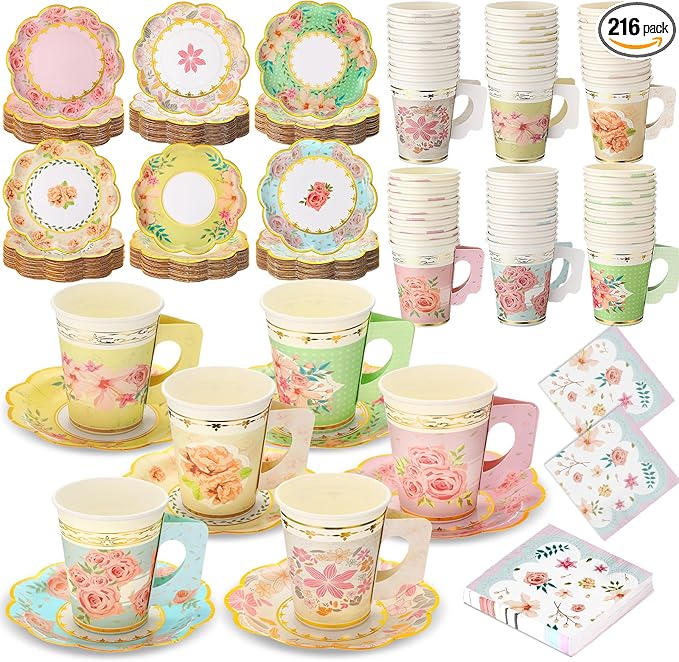 Yungyan 216 Pcs 72 Guest Tea Party Plates and Napkins Sets Floral Tea Party Supplies 6" Paper Plates, 9 oz Cups and Saucers Disposable Tableware Set for Birthday Wedding Bridal Shower Decorations