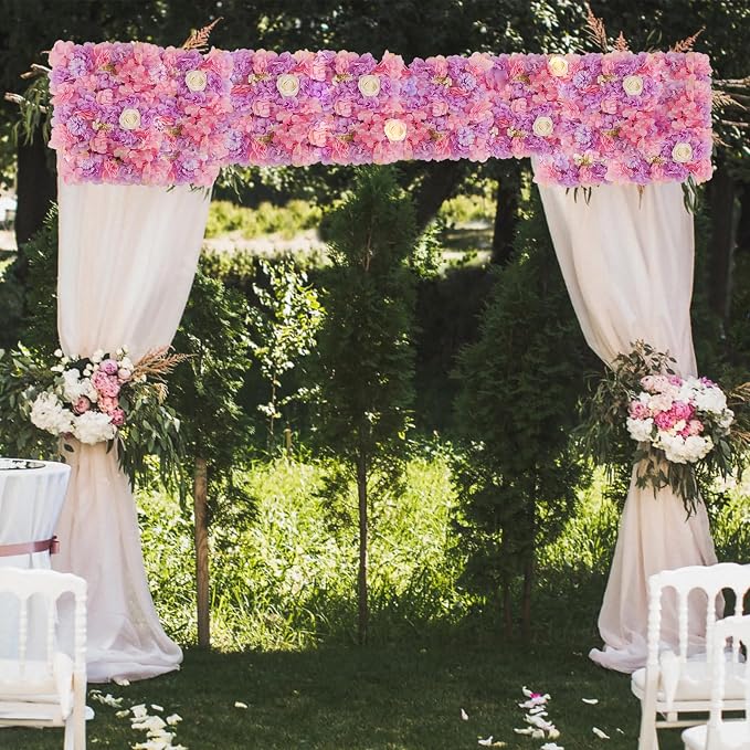 3D Flower Wall Backdrop - 12Pcs 15×15 Inch Artificial Rose Panels Pink & Purple Silk Floral Decor for Home Party Wedding Anniversary Birthday Photographic Studio Background & Decorative Fences