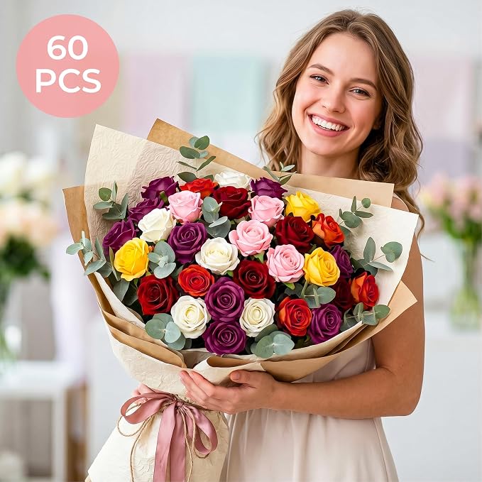 Auihiay 60PCS Artificial Roses, Mix Color Tinted Roses, Velvet Silk Roses, Realistic Artificial Flowers for Valentine's Day Gift, Wedding Ceremony Decor, Baby Shower Flower Decorations