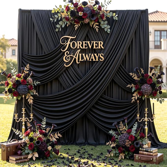 60ft x 12ft Wrinkle Free Black Backdrop Curtains for Parties, 12 Panels 12FT Long Silky Polyester Photo Backdrop Drapes Back Drop Cloth for Wedding Birthday Photography Background Decor