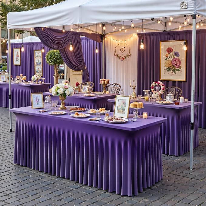 NSSONBEN 2 pk Purple Spandex Tablecloth for 6 Foot Rectangle Tables,Wrinkle Free Fitted Spandex Table Covers 6ft Stretch Table Cloths with Ruffle Skirt for Parties Weddings Banquet Baby Shower