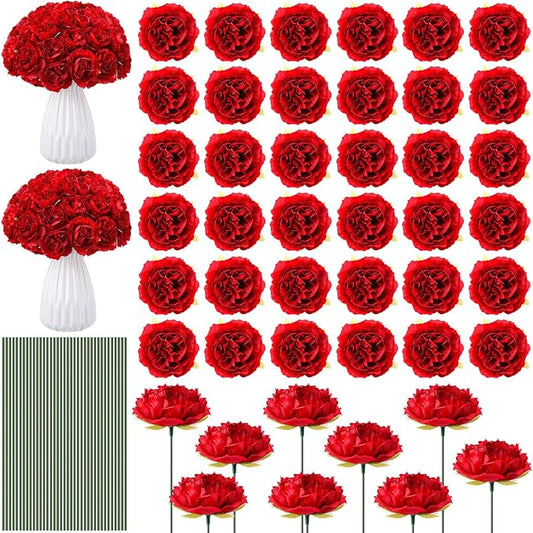 Thiccywoov 200 Pcs Flowers Long Stem Artificial Rose Bulk, 3.2 Inches Silk Rose Head Flowers Faux for Wedding Bridal Bouquet Independence Day Home Floral DIY Centerpieces Party Decoration(Red)