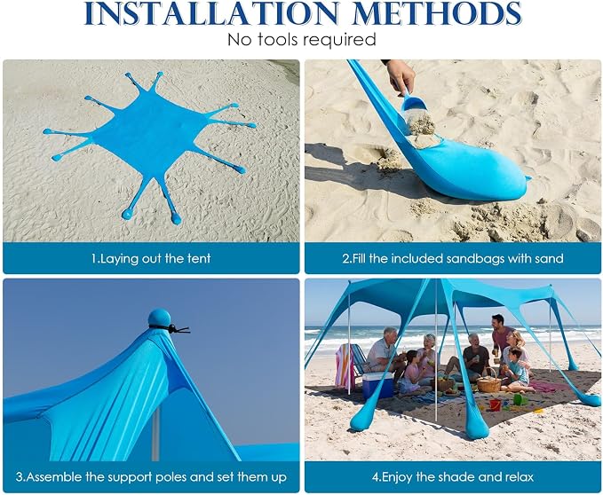 13x10FT Beach Tent Sun Shelter – UPF50+ Outdoor Canopy with 10 Sandbags, Sand Shovel, Ground Pegs & Stability Poles – Portable Shade for Camping, Fishing, Picnics & Beach Trips