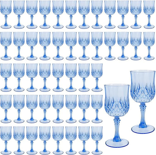 48 Pack Light Blue Plastic Wine Glasses Vintage Style Reusable Plastic Cups Suitable for Weddings Banquets Parties Birthdays