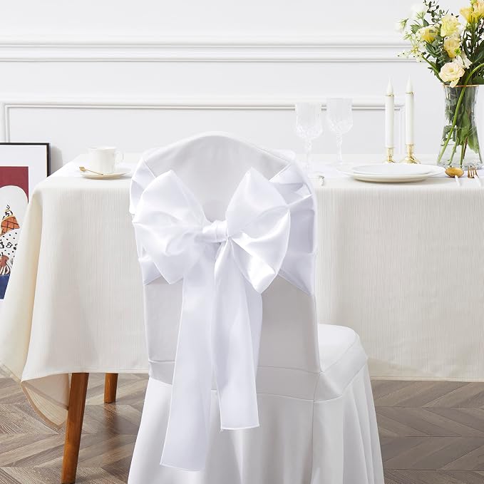 10 Pcs White Satin Chair Sashes Bows Universal Chair Cover for Wedding Reception Events Banquets Party, Hotel Event Decorations, 6 x 108 inch