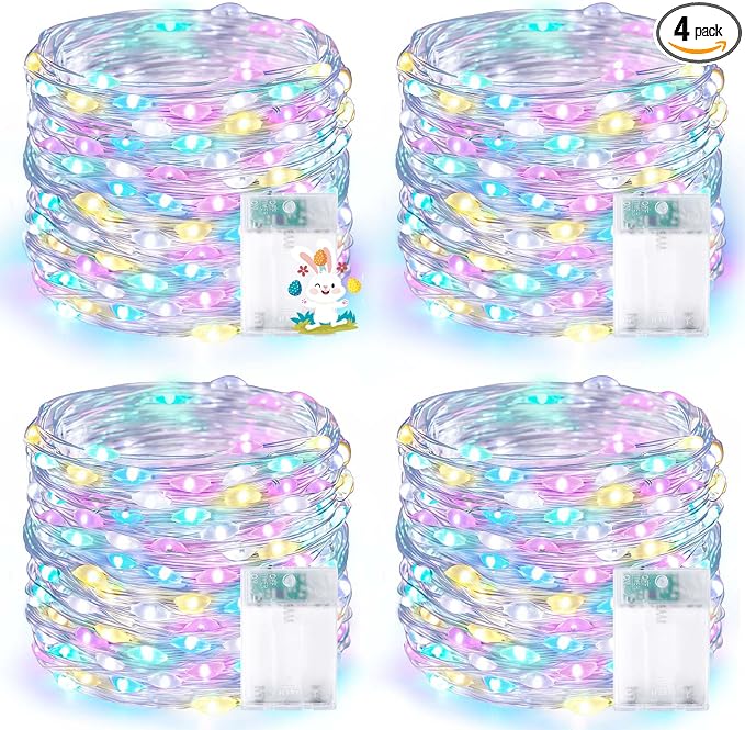 4 Pack 60LED Easter Fairy Lights Battery Operated with Timer, 20FT Waterproof Pastel Twinkle String Lights for Indoor Outdoor, Spring Easter Decorations for Bedroom, Birthday, Home, Party (Multicolor)