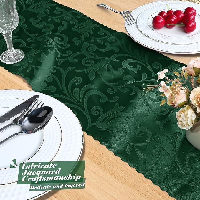 MILVOWOC 4 Pack Emerald Green Satin Damask Table Runner, 12 x 72 Inch, Rectangle, Luxury, Bright, Silky, Decorative, Perfect for Party, Banquet, Birthday, Wedding, Table Decor